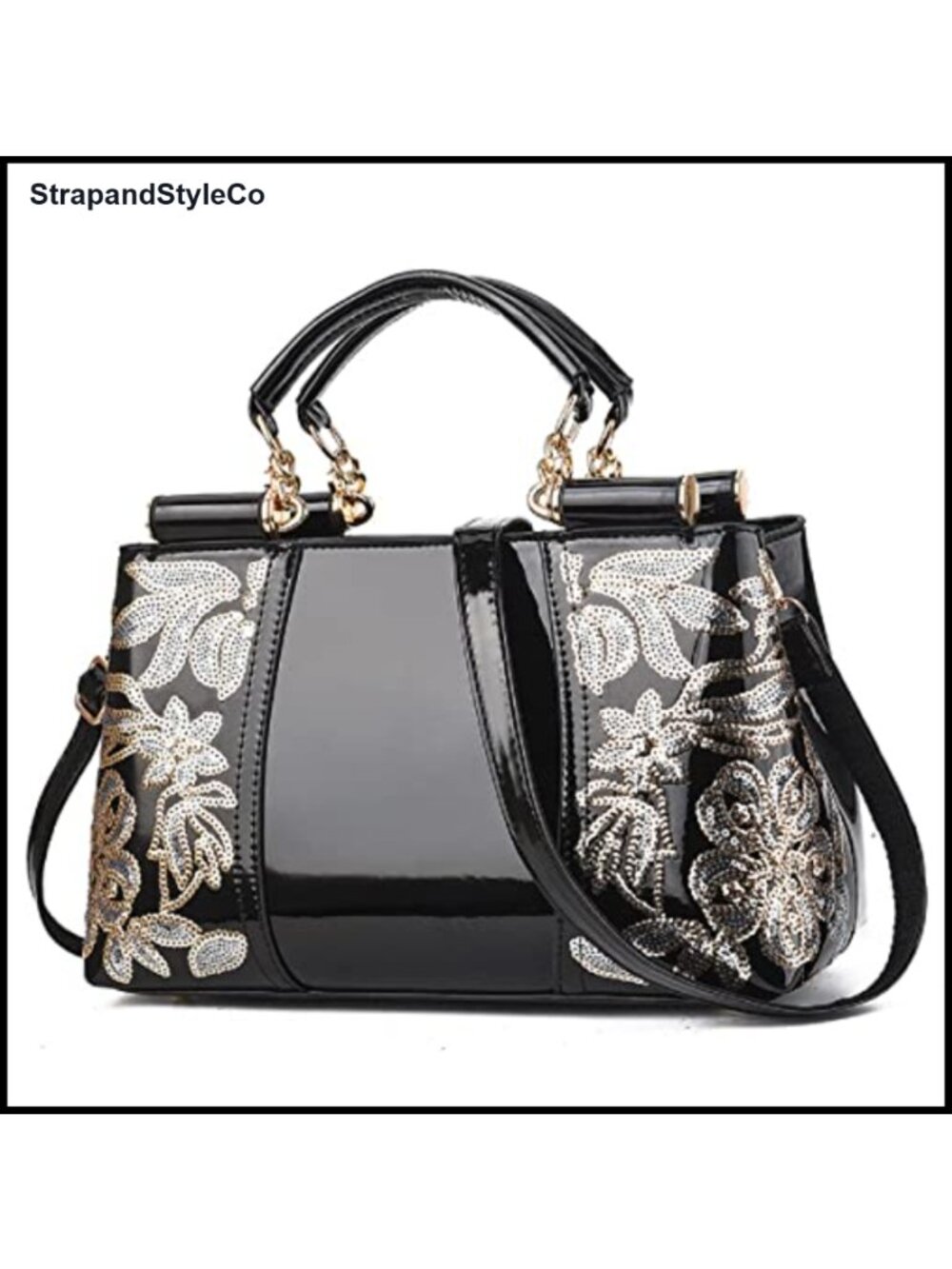 Patent Leather Satchel Handbag Embroidery Chain Shoulder Bag Top Handle Purse